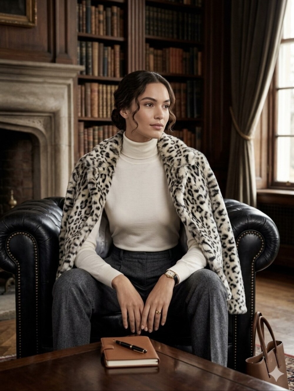 White House Black Market Womens Faux Fur Jacket Animal Print Cropped Coat Large